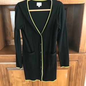 H&M long tunic-type black cardigan sweater with contrast piping size large